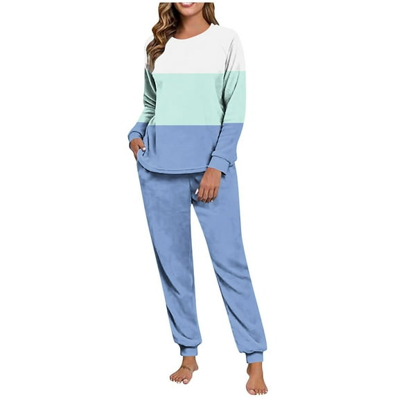REORIAFEE Matching Lounge Sets Women Outfits 2 Piece Fleece Warm Pajama Long Sleeve Top and Jogger Striped Soft Sleepwear Light Blue S-2XL