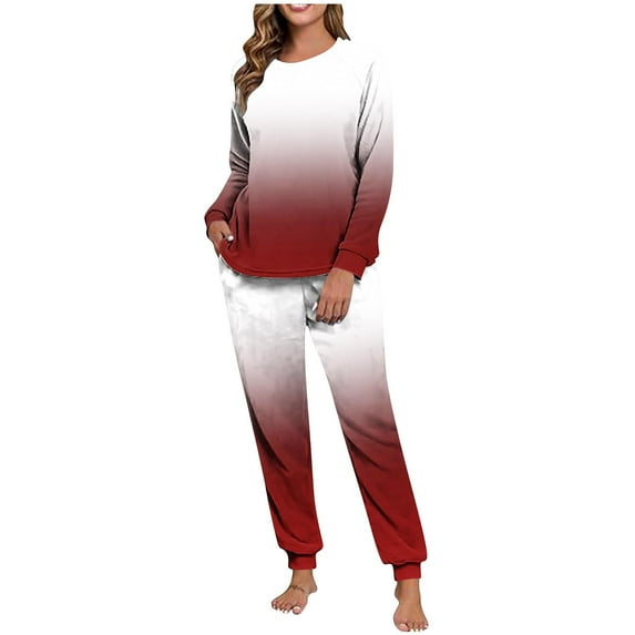 REORIAFEE Matching Lounge Sets for Women 2 Piece Fleece Warm Pajama Long Sleeve Top and Jogger Gradient Soft Sleepwear Red S-2XL