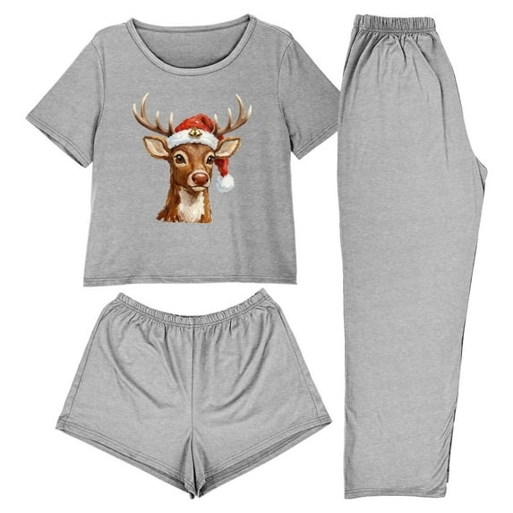 REORIAFEE Matching Lounge Sets for Women Christmas 3 Piece Pajama Short Sleeve Top and Shorts Santa Graphic Soft Sleepwear Gray XS-2XL