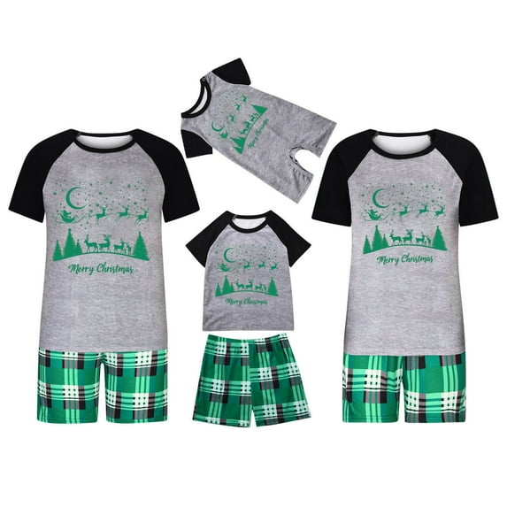 REORIAFEE Matching Pjs for Family Christmas 2 Piece Loungewear Short Sleeve Top and Shorts Plaid Soft Pajama Sleepwear Gray S-2XL