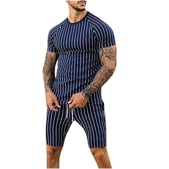 REORIAFEE Men's 2 Piece Casual Outfits Summer Suits for Beach Vacation Men's Striped T-Shirt Set Round Neck Short Sleeve Shorts Slim Fit Sports Holiday Set T-Shirt Top Shorts Two Piece Set Navy M