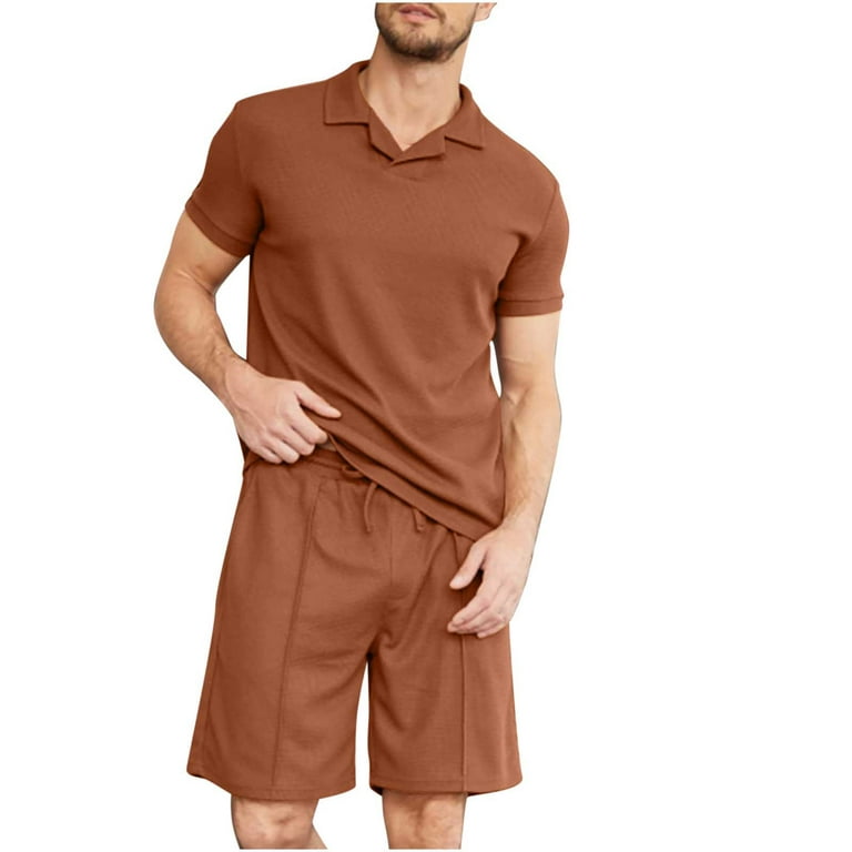 REORIAFEE Men's Sets Casual Outfits Summer Tracksuit Set 90s Outfit Men  Casual Turn down Collar V Neck Short Sleeve Set Blouse Pants Suit Khaki  XXXL 