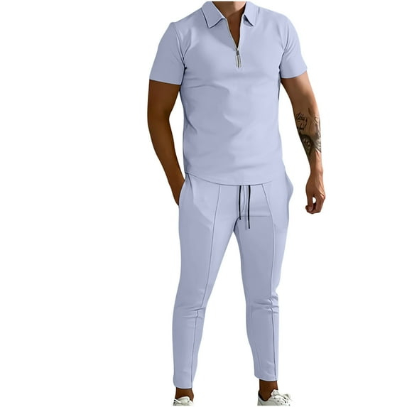 REORIAFEE Mens 2 Piece Outfits Retro Novelty Summer Tracksuits Set for Men Men Casual Fashion Turn down Pullover Sports Suit Short Sleeve Trousers Two Piece Tracksuit Light Blue XXL
