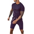 thumbnail image 1 of REORIAFEE Mens 2 Piece Sets Outfit Casual Set Summer Beach Outfits Men's Striped T-Shirt Set Round Neck Short Sleeve Shorts Slim Fit Sports Holiday Set T-Shirt Top Shorts Two Piece Set Purple XXL, 1 of 7