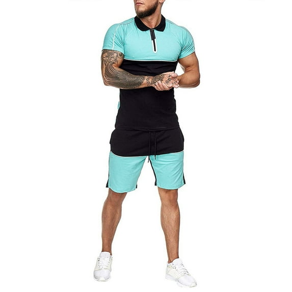 REORIAFEE Mens 4th of July Outfit 90s Themed Party Outfits Mens Summer Home Stripe Color Short Sleeve Shorts Sports Sets Sleeve Turndown Collar Set Green XXXL