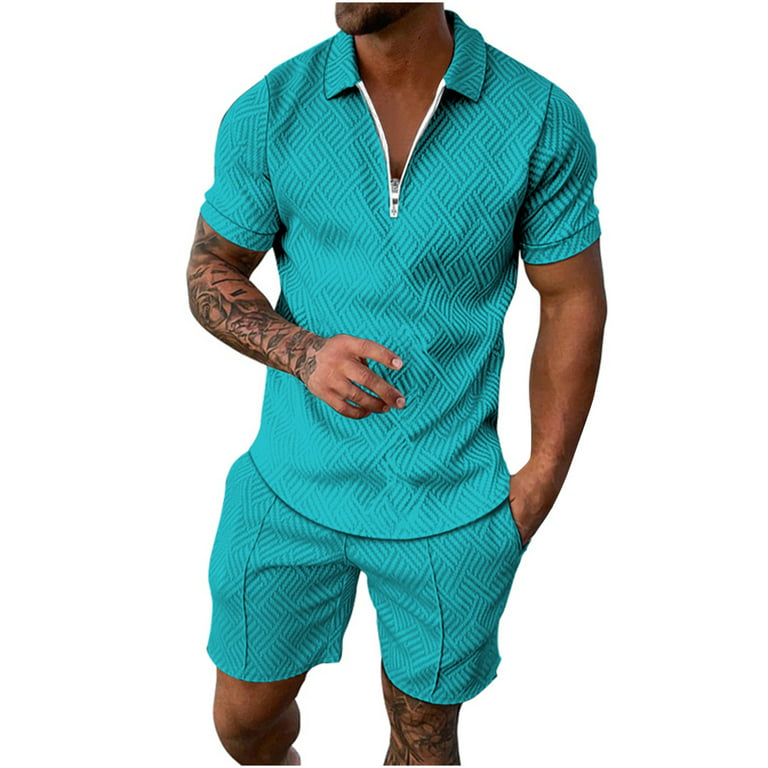 REORIAFEE Mens Casual Outfits Beach Hawaii Set Gym Sets Men Casual Turn  down Zip Pullover Sports Short Sleeve Suit Mint Green XXL 