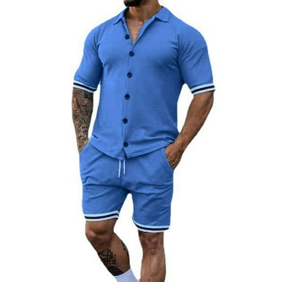 REORIAFEE Mens Fashion Casual Summer Tracksuit Set Men's Cardigan Suit Slim Fit Sweater Short Sleeve Lapel Elastic Waist Drawstring Shorts Suit Casual Sports Top Shorts Two Piece Suit Light Blue L