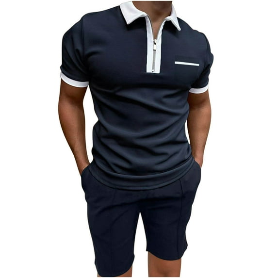 REORIAFEE Mens Sport Set Summer Outfit 2 Piece Set Stylish Casual Tracksuits Workout Outfits Men's Set Shirt Pockets Zip Neck Short Sleeve Top Shorts Casual Sports Two Piece Set Navy M