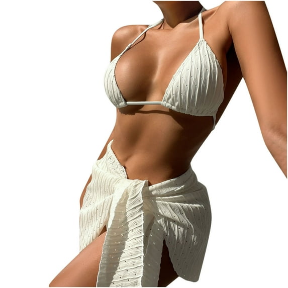 REORIAFEE Modest Swimwear for Women Resort Wear Bikinis Split Bikini Three Piece Swimsuit White L