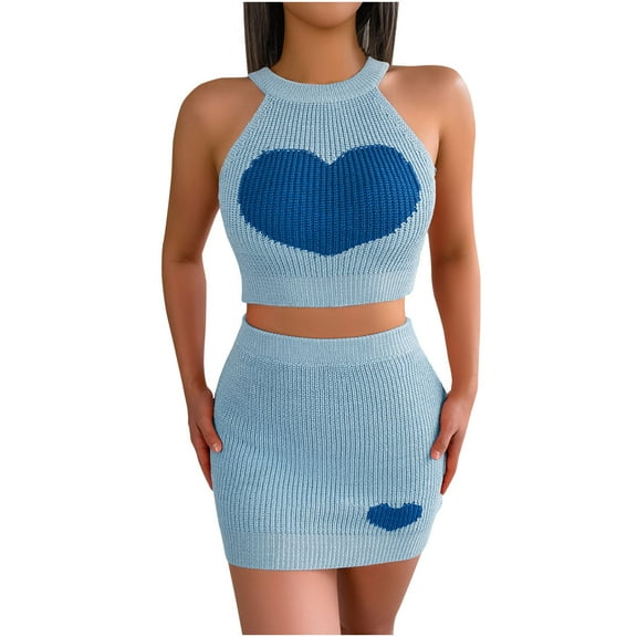 REORIAFEE Night out Outfit for Women Beach Outfits Women's Sexy Casual Love Top Wrap Hip Skirt Set Blue L