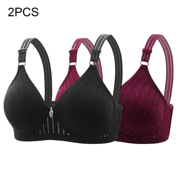 REORIAFEE No Wire Bras for Women 2PC Full-Coverage Bra Lift Gather Breathable Underwear Spaghetti Straps Comfort Soft Lingerie Black L