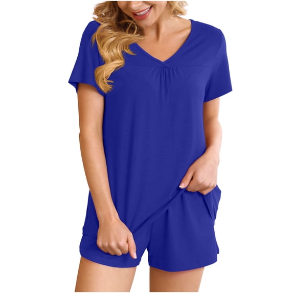 REORIAFEE Outfit for Women Summer Sets Plus Size Workout Sets Tracksuit Workout Set 2PC Women's V Neck Shorts Sleeve Two Piece Comfortable Home Pajamas Set Sports Set Blue M