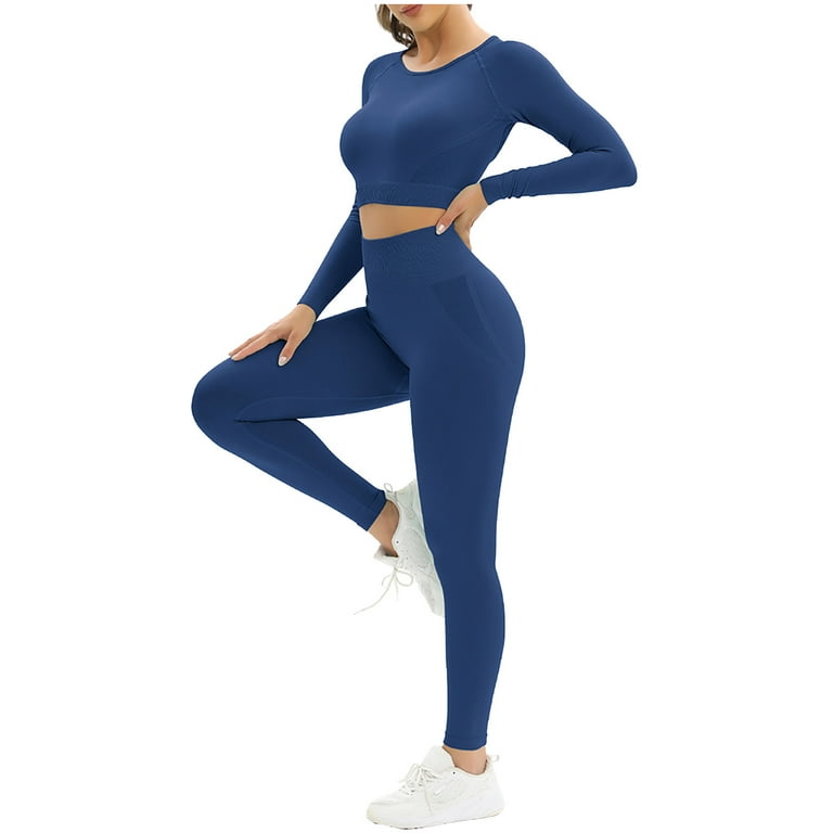 REORIAFEE Outfit for Women Summer Sets Plus Size Workout Sets Tracksuit  Travel Outfit Ladies Seamless Hollow Yoga Long Sleeve Yoga Suit Sports  Fitness Running Yoga Set Navy M 