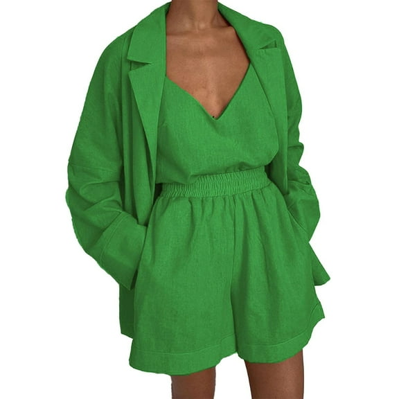 REORIAFEE Outfits For Women Summer Workout Sports Tracksuit Summer Outfit Women's Fashion V Neck Vest Coat Shorts Lace Up Suit Green M