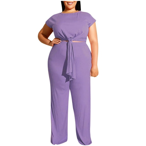 REORIAFEE Outfits for Women 2 Piece Set Womens 2 Piece Lounge Outfits Casual Set Gym Set Women's Plus Size Short Sleeve O Neck Bandage Pullover Tops + Long Pants Set Purple XXXL
