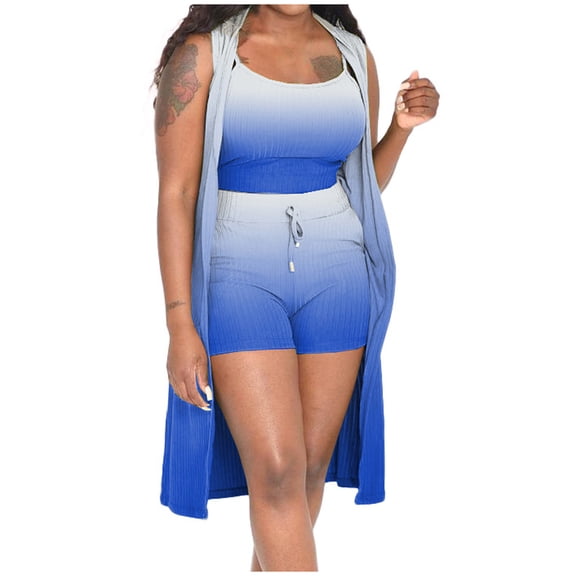 REORIAFEE Outfits for Women 2023 Summer Sets for Women Comfy Casual Plus Size Sets Fashion Women Casual Gradient Sleeveless Camisole Round Neck Tops Collar Short Pants Three Piece Sets Blue M