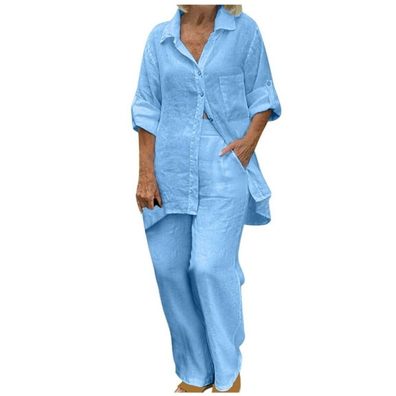 REORIAFEE Outfits for Women 2023 Summer Sets for Women Casual Plus Size Sets Spring Outfits Casual Women's Turndown Collar Long Sleeve Pullover Shirt Tops + Pants Trousers Set Blue XXXL