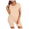thumbnail image 1 of REORIAFEE Outfits for Women 2023 Summer Sets for Women Casual Plus Size Sets Workout Set Women Two Piece Outfits Summer Short Sleeve Round Neck Biker Shorts Set Cycling Suit Beige L, 1 of 6
