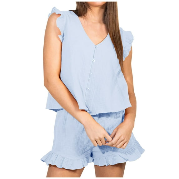 REORIAFEE Outfits For Women Summer Sports Tracksuit Summer Set Women's Fashion Casual Spring Summer Sleeveless V Neck Blouses Shirts Sets Light Blue S