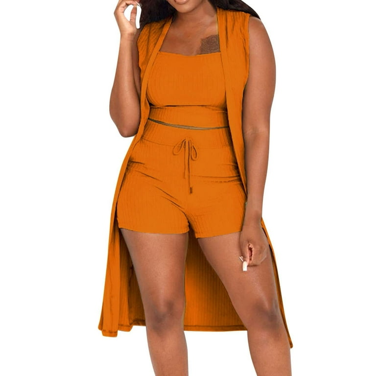REORIAFEE Outfits for Women 80s Outfit Women Fashion Casual 3 Piece Shorts  Pants Set Ribbed Casual Sleeveless Coat Vest Orange XXL 