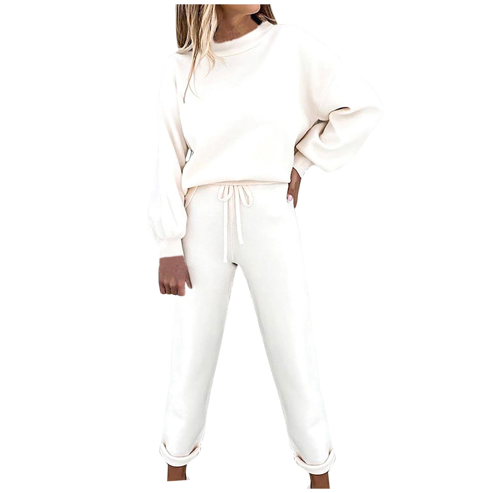 REORIAFEE Outfits for Women Lounge Workout Outfits 2PC Fashion Women Round  Neck Long Sleeve Blouse + Loose Pants Sets White XXXL 