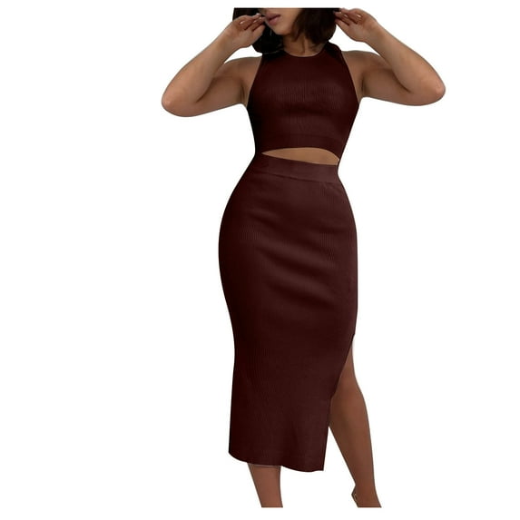 REORIAFEE Outfits for Women Sets Matching Sets Travel Outfit Fashion Summer Women Sexy Round Neck Casual Blouses Dresses Shirts Sets Brown M