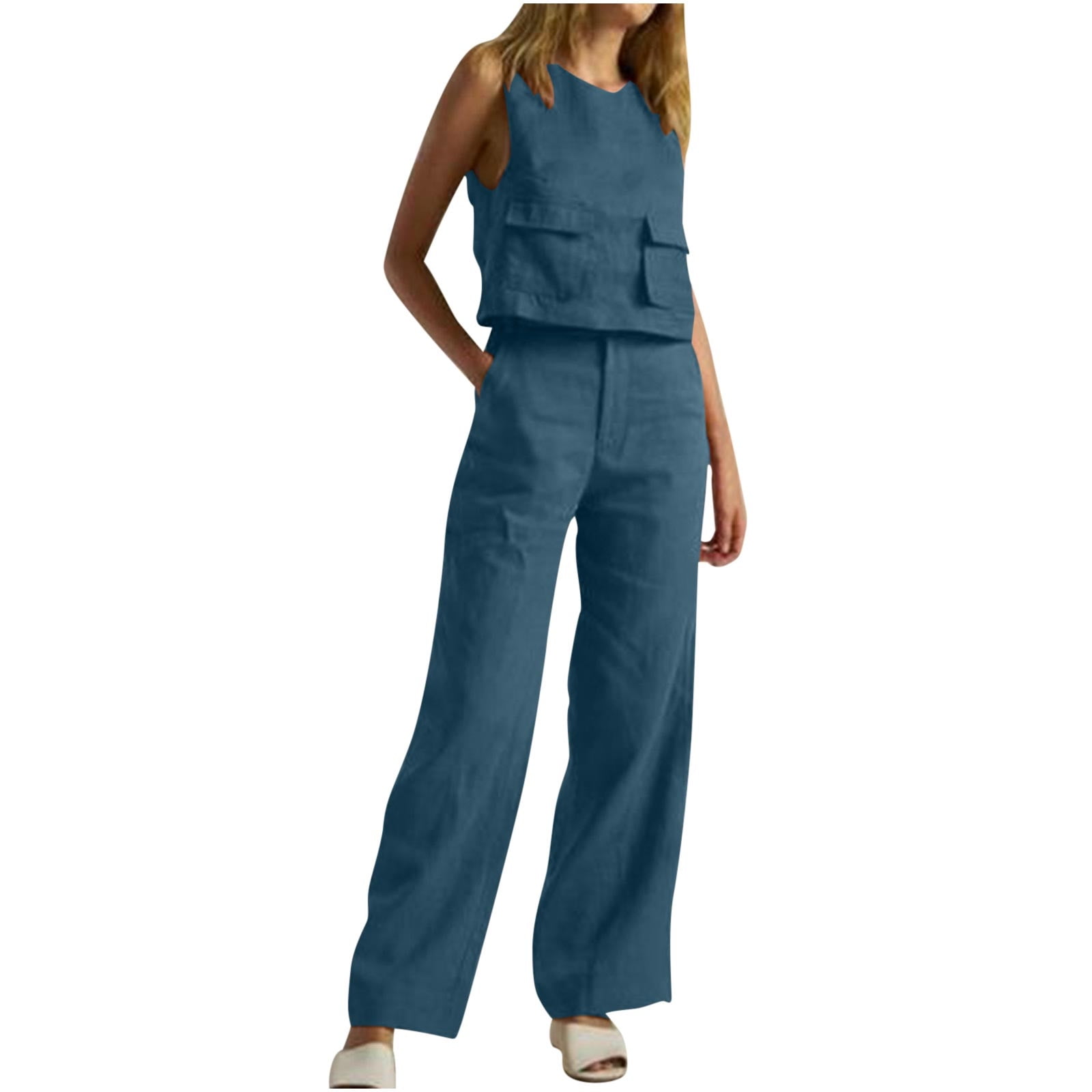 REORIAFEE Casual Outfits for Women Comfy Vacation Tacksuit 90s Themed Party  Outfits 2PC Fashion Women's V Neck Sleeveless Top + Loose Pocket Pants Suit  Navy L 