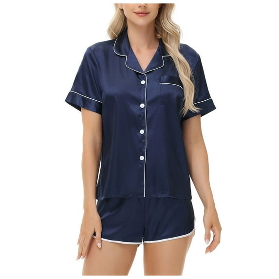REORIAFEE Pajamas for Women Set Pants 2 Piece Loungewear with Pockets Short Sleeve Button down Shirts and Shorts Solid Color Sleepwear Navy S-2XL