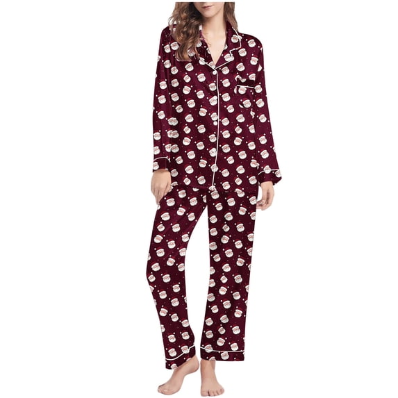 REORIAFEE Pajamas for Women Set Pants Christmas 2 Piece Loungewear Long Sleeve Button down Shirts and Pant Santa Graphic Sleepwear Wine S-2XL