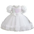 thumbnail image 1 of REORIAFEE Pink Dress for Girls with Sequins Lace Tulle Dress Puffy Sundress Sequin with Front Bow Knot Dress Rear Zipper Dress Solid Color Dress Crewneck Lantern Sleeve Dress Size 3-4Y White, 1 of 8