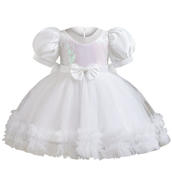 REORIAFEE Pink Dress for Girls with Sequins Lace Tulle Dress Puffy Sundress Sequin with Front Bow Knot Dress Rear Zipper Dress Solid Color Dress Crewneck Lantern Sleeve Dress Size 3-4Y White