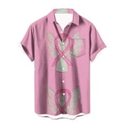 REORIAFEE Pink Ribbon Breast Cancer Mens Graphic T-Shirt Tees Short Sleeve Lapel Pink Going out Top Button down Shirt Pink4 M
