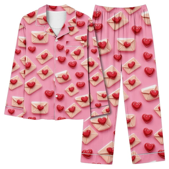 REORIAFEE Pjs 2 Piece Set Women Valentine's Day Heart Prints Lapel with Buttons Pockets Pajama Sets Long Sleeve Shirt and Pants Pjs Set Soft 2 Piece Loungewear Gifts Suits Red L