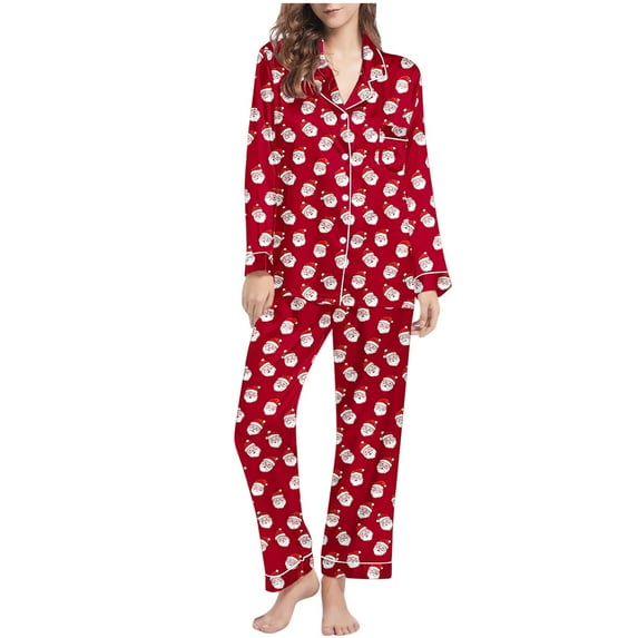REORIAFEE Pjs Sets for Women Christmas 2 Piece Loungewear Long Sleeve Button down Shirts and Pant Santa Graphic Pajama Sleepwear Red S-2XL