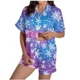 thumbnail image 1 of REORIAFEE Pjs Sets for Women Christmas 2 Piece Loungewear Short Sleeve Button down Shirts and Shorts Snowflake Pajama Sleepwear Purple S-2XL, 1 of 5
