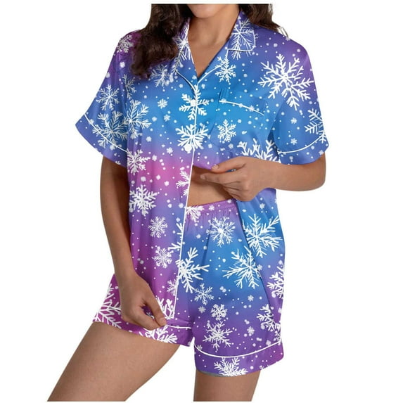 REORIAFEE Pjs Sets for Women Christmas 2 Piece Loungewear Short Sleeve Button down Shirts and Shorts Snowflake Pajama Sleepwear Purple S-2XL