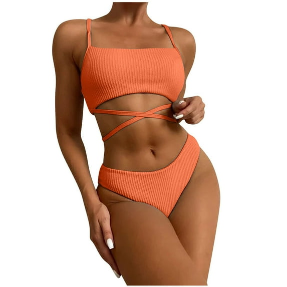 REORIAFEE Plus Size Bathing Suits Women Resort Wear Swimsuit Bandage Two Piece Push Up Pad Swimwear Beachwear Set Orange XL