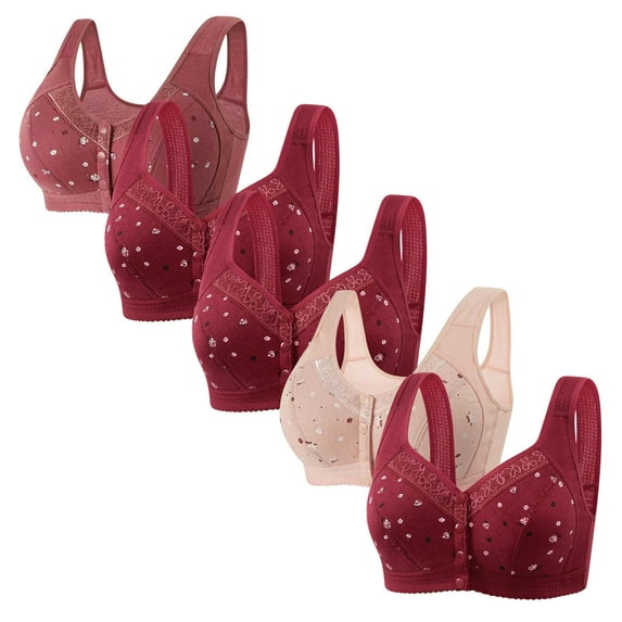 REORIAFEE Plus Size Bras for Women 5 Pack Front Closure Wireless Full Coverage Bra Support Gather Breathable Underwear Wide Shoulder Straps Comfortable Soft Lingerie Wine XXXL