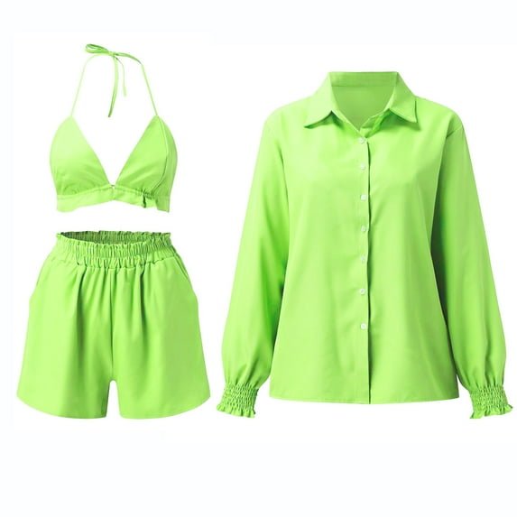REORIAFEE Plus Size Club Outfits for Women 80s Outfit Women's Summer Three Piece Print Lantern Sleeve Shirt Shorts Sexy Strap Fashion Casual Set Green M