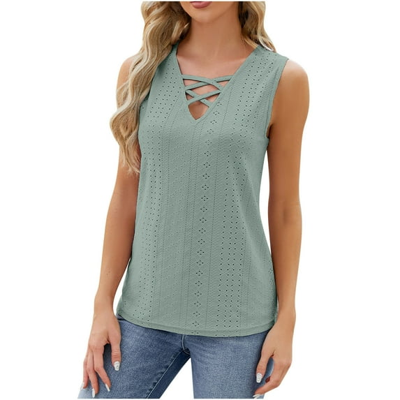 REORIAFEE Plus Size Tank Tops for Women Loose Fit Sleeveless Tops V Neck Tanks Eyelet Embroidery Criss Cross Shirts Solid Print Pullover Wide Strap Vest Summer Going Out Green