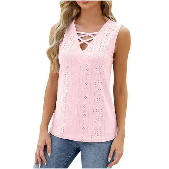 REORIAFEE Plus Size Tank Tops for Women Loose Fit Sleeveless Tops V Neck Tanks Eyelet Embroidery Criss Cross Shirts Solid Print Pullover Wide Strap Vest Summer Going Out Pink