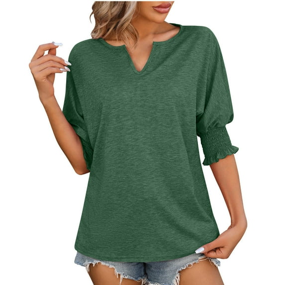 REORIAFEE Plus Size Workout Tanks for Women Half Sleeve Tops V Neck Tanks Puff Flowy Shirts Solid Print Pullover Vest Summer Going Out Fashion Clothing 2024 Green