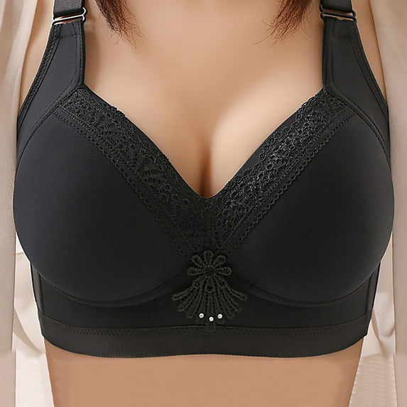 REORIAFEE Push up Sports Bras for Women Wireless Lace Trim Daily Bra for Older People Bras V Neck Comfy Corset Bra Adjustable Straps Lightly Lined Classic Seamless Brassiere Anti-Sagging Bra