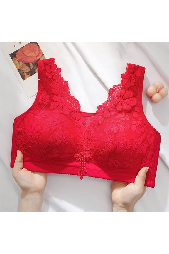 Red Bras for Women Plus Size Lace Mesh Lingerie Bras No Wire Bras Scoop Neck Comfy Corset Bra Wide Strap Bra Comfortable Breathable Brassiere Anti-Sagging Bra