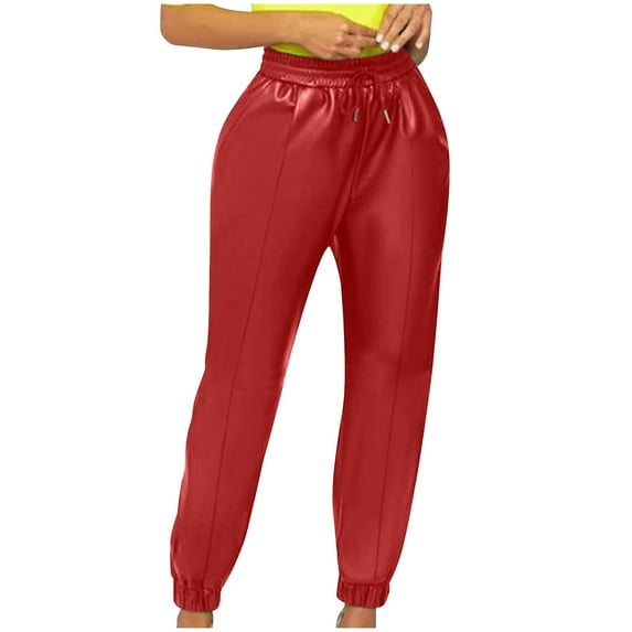 REORIAFEE Red Leather Pants High Waisted Straight Leg Solid Print Palazzo Pants Slim tailored Adjustable Tie Knot Casual Pants Lightweight Baggy Stretchy Slacks 2024 Trending Fashion Clothing