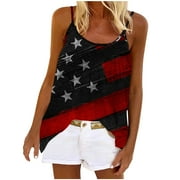 REORIAFEE Red White Blue American Flag Stars Stripes Tank Top for Women Print Camisole Blouse Crew Neck Sleeveless Black L