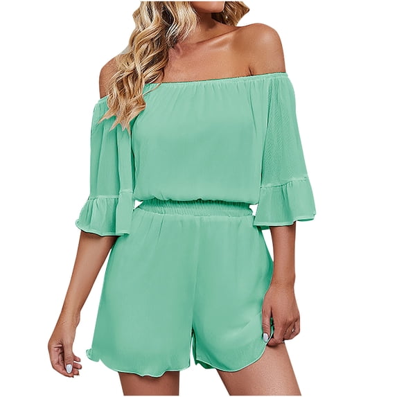 REORIAFEE Rompers for Women Dressy Wedding off the Shoulder Short Sleeve Romper Solid Color Womens Overalls Sexy Flare Sleeve Chiffon Short Jumpsuit Womens Playsuit Jumpsuit Green XL