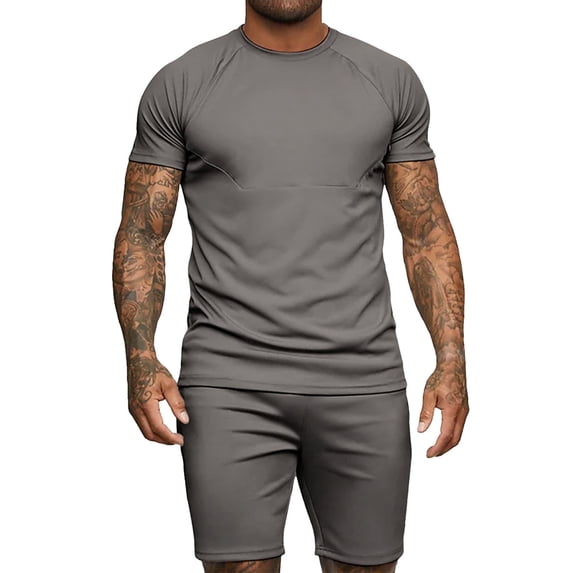 REORIAFEE Sets for Men Outfits Summer Tracksuit Sets Stylish Casual Sports Suit Workout Set Men's Fashion Short Sleeve Round Neck Coat Elastic Waist Shorts Coat Suit Gray L