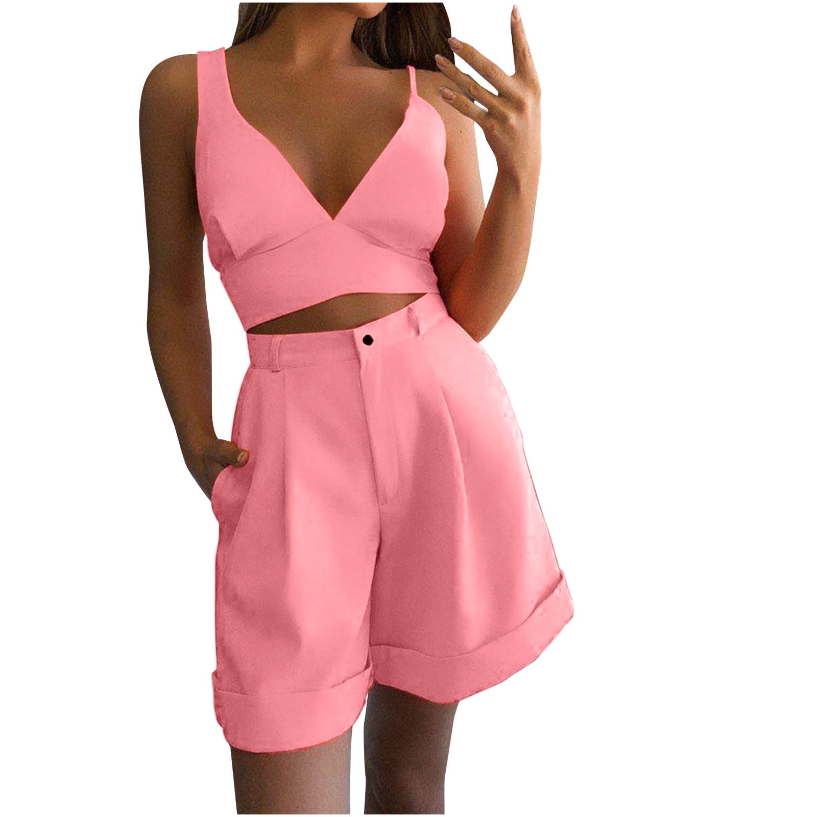 REORIAFEE 60s Outfits for Women Disco Outfit Women Casual Summer Sleeveless  Tops Long Pants Two Pieces Set Suit Pink M 