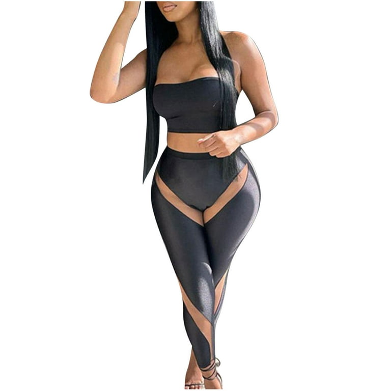 REORIAFEE Sexy Club Outfits for Women Country Concert Outfit Women Sexy  Elastic Outdoor Wrap Leggings Tops Pants Suit Black XS 
